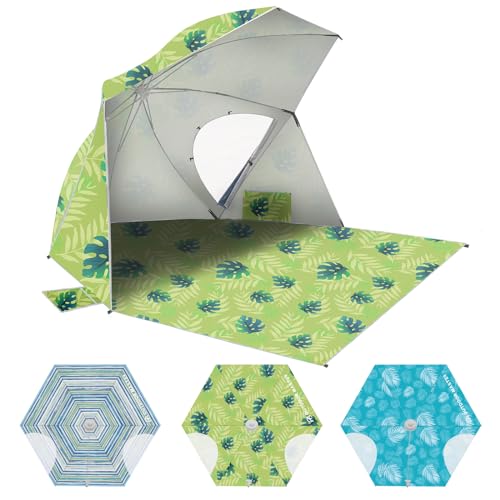 OutdoorMaster Pop Up Beach Umbrella, Portable Beach Tent Shelter, Beach Shade Sun Canopy with UPF 50+ UV Protection, Extendable Floor with Carrying Bag - color: Golden Amber