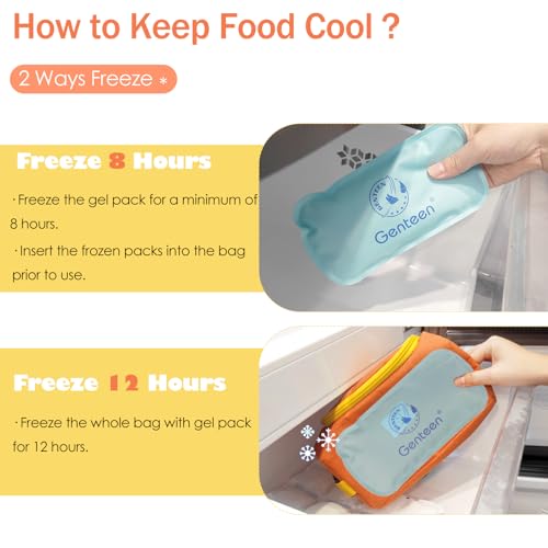 Genteen Small Cooler Bag with Ice Packs,Freezable Lunch Bag/Snack Bag,Small Insulated Bag Reusable Lunch Bag Kids with Zip Closure & Buckle Handle for Travel/School/Work,Orange - color: Orange