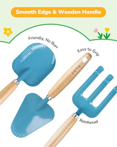Grenebo Kids Gardening Set Toys, Quality Garden Tool Kit for Kids and Toddlers, Includes Two Shovels, Garden hat,Rake, Apron,Gloves, Watering Can, and Tool Bag (Blue) - color: B-blue