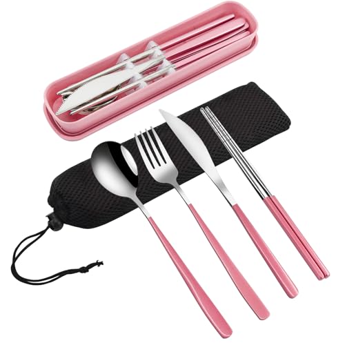 VANRA 4-Piece Portable Travel Utensils Set with Case 18/8 Stainless Steel Flatware Set Reusable Cutlery Set with Fork Spoon Knife Chopstick for Lunch Travel Camping School Work Picnic (Pink) - color: Pink, size: Fork Spoon Knife Chopstick