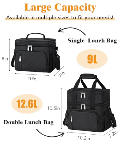 Insulated Lunch Bag for Men & Women, 9L Leakproof Lunch Box Soft Cooler Tote with 5 Pockets, 600D Oxford, EVA Lining, Adjustable Strap for Work, Picnic, Beach&Travel-Black - color: Black, size: Single