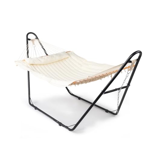 ONCLOUD Hammock with Stand, Double-Barrel Hammock with Hammock Bed, Heavy Duty Adjustable Hammock Set for Outdoors, Patio, Yard, Garden, 550 LBS (Beige) - color: Beige