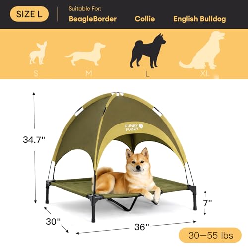 FUNNY FUZZY Elevated Dog Bed with Canopy for Large Dogs up to 120 lbs– Raised Dog Cot Bed with UV Shade,Waterproof,Breathable Mesh,Outdoor & Indoor Use,Portable,Green(36"×30"×7") - color: Green, size: Large