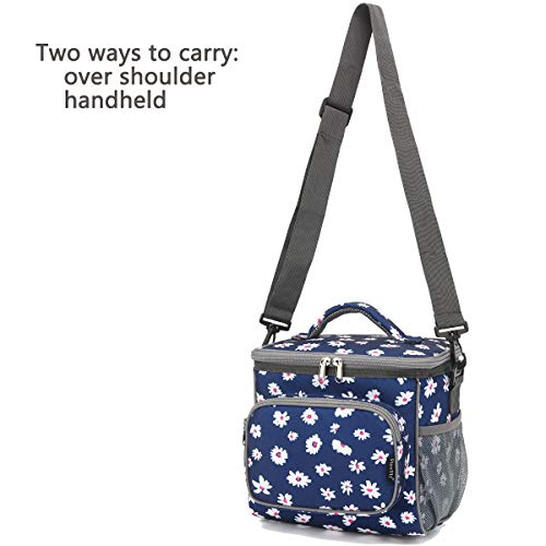 FlowFly Insulated Reusable Lunch Bag Adult Large Lunch Box for Women and Men with Adjustable Shoulder Strap,Front Zipper Pocket and Dual Large Mesh Side Pockets,Daisy - color: Daisy