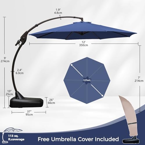 Grand patio 12FT Outdoor Offset Umbrella with Base & Cover Patio Aluminum Round Cantilever Umbrella for Garden Deck Poolside (Navy Blue, 12 FT) - color: Navy Blue, size: 12 FT