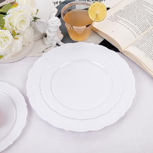 U-QE 100 Pieces White Plastic Plates - White Disposable Plates - Premium Hard Plastic Disposable Plates for Wedding and Party Use Including 50 Dinner Plates 10 '' & 50 Dessert Plates 7.5 '' - color: White