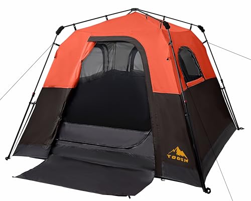3/4 Person Camping Tent with 1 Door, 4 Windows, and Upgraded Ventilation– Instant Setup, Waterproof, 8'x 8'x 67''Oxford Fabric Floor Pop Up in 60 Seconds Includes Rainfly and Backpack - color: 4 Person Brick Red/2-Layer