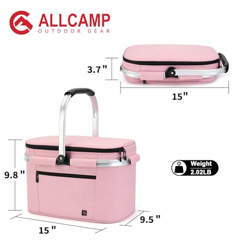 ALLCAMP Picnic Basket - Insulated Cooler, Thickening Foldable Picnic Basket with Removable Baskets & Sewn-in Frame, Basket for House Warming Gifts New Home(Pink) - color: Pink, size: Medium