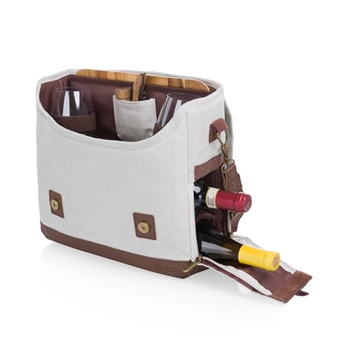 PICNIC TIME Adventure Wine Tote Bag with Wine Glasses and Mini Table, Wine Picnic Bag, 2 Bottle Wine Bag, (White) - color: White