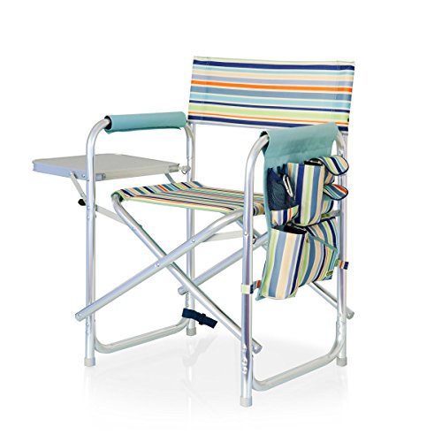 PICNIC TIME Sports Chair with Side Table and Armrest Caddy, Lightweight Aluminum Folding Outdoor Camping Chair for Adults, Portable Director Style Lawn Seating with Pockets & Carry Strap, (St. Tropez) - color: St. Tropez Collection - Sky Blue With Multi S