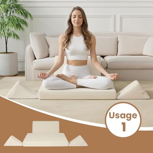 Meditation Cushion Set, Meditation Pillow for Sitting on Floor, Large Yoga Pillow with Knee Support, Washable Zafu Meditation Mat, 3 Shapes Floor Pillow for Adults, Beige - color: Beige