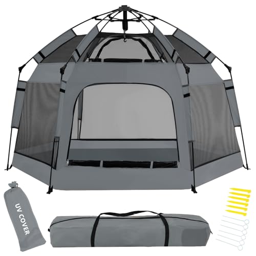 Instant Pop Up Baby Playpen with UV Canopy & Safety Lock, Portable Outdoor Beach Tent Play Yard for Toddlers, Breathable Mesh & Carry Bag, Indoor & Backyard Use (Grey) - color: Grey