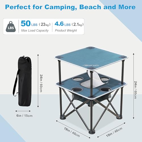 Folding Beach Table, Camping Table for Sand with Insulated Cooler Storage & 4 Cup Holders, Portable Pop Up Picnic Table, Lightweight Side Table for Outdoor - color: Blue-gray With Basic Insulation