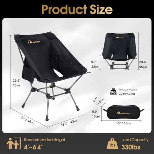 MOON LENCE Portable Camping Chair Plus, Larger & Roomier, Compact and Lightweight Still, Folding Chair for Backpacking & Hiking, 330Lbs Capacity (Black) - color: Black