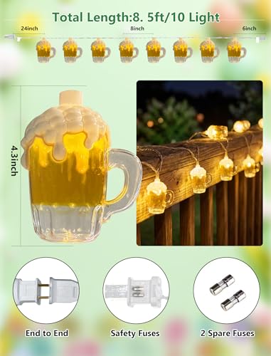 Beer Mug String Lights, 8.5Ft Hawaiian Beach Themed Party Decorations String Lights with 10 3D Beer Cup Lights, Outdoor Light Beer for Tropical Luau Party Beach Pool Summer Tiki Gifts Decorations - color: Beer Mug