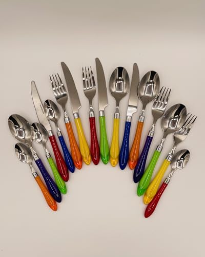 The Original Brink House Rainbow Mix & Match Stainless Steel Cutlery Set with Translucent Handles / 16 pieces with Metal Stand/Lifestyle utensils set for home, first apartment, dorm, outdoor events - color: Rainbow Assortment, size: Service for 4 (16 pcs)