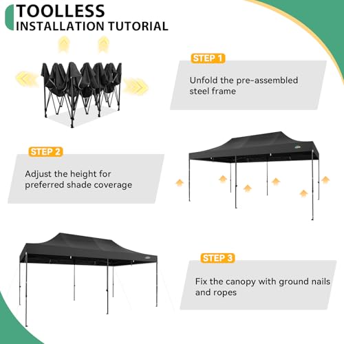 COBIZI 10x20 Heavy Duty Pop Up Canopy Tent with 6 Sidewalls Thicken Frame, Commercial Easy Up Outdoor Wedding Party Tents, All Season Waterproof Windproof with Stakes Sandbags Ropes Roller Bag, Black - color: Black, size: 10x20