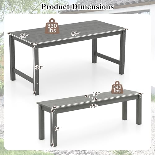 Tangkula 3 Pieces Outdoor HDPE Dining Table Set with 2 Benches, Weather Resistant Patio Furniture Set with 1.77” Umbrella Hole and Wood-Like Surface for Garden, Backyard and Poolside (Gray, 3 Pcs) - color: Grey, size: 3 Pcs