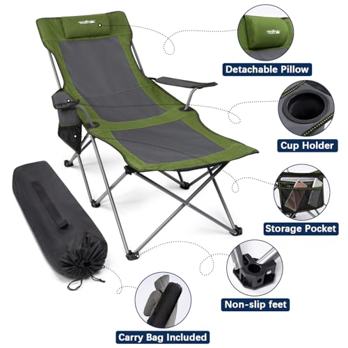 apollo walker Reclining Beach Chair, Adjustable 90-135° Backrest Camping Lounge Chairs for Adults, Folding Chair with Foot Rest & Detachable Pillow - Standard 6-Leg, Green - color: Green, style: 6-Leg