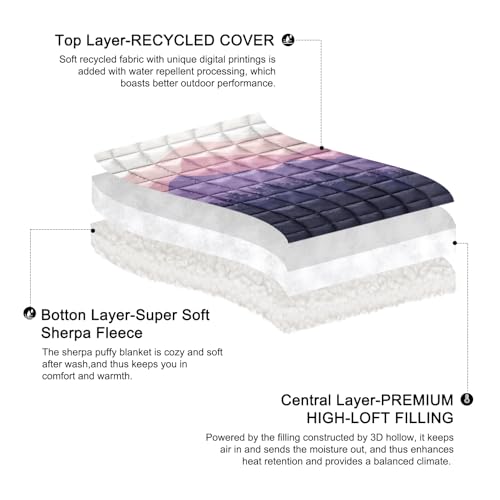 zzlamb Outdoor Camping Blanket with Sherpa Lining,Puffy Thick Camp Quilt for Sleeping,Packable Warm Wearable Fleece Blankets for Cold Weather,Traveling,Backpacking,Picnics,Beach,Stadium 52x75in - color: Lavender Ridge Fade