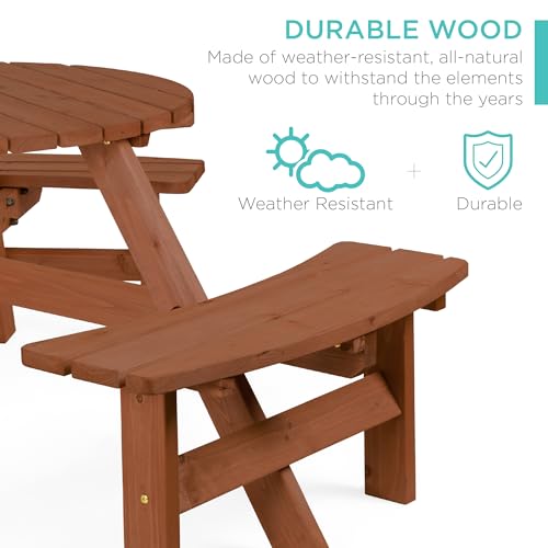 Best Choice Products 6-Person Circular Outdoor Wooden Picnic Table for Patio, Backyard, Garden, DIY w/ 3 Built-in Benches, 500lb Capacity - Acorn - color: Acorn