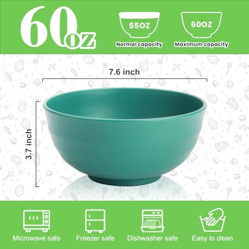 60 OZ Large Salad Bowls, Wheat Straw Camping Bowl Set of 6, Unbreakable Plastic Serving Bowls, Microwave & Dishwasher Safe Large Dinner Bowl for Kitchen & Outdoor, Green - color: Green, size: 60 Oz