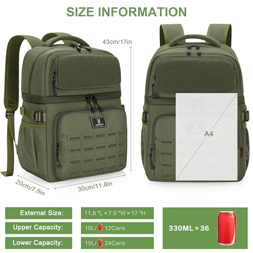 Large Insulated Cooler Backpack for Men Women, 36 Cans Double Deck Leakproof Cooler Bag for Camping, Hiking, Picnic, Fishing, Beach, Travel - color: Army Green