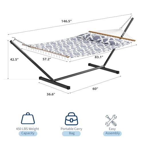 GarveeLife 57" 2 Person Outdoor Hammock, Widening Design Cotton Hammock with Metal Stand, Heavy Duty Construction, 450 LBS Weight Capacity, Light Grey - color: Light Grey