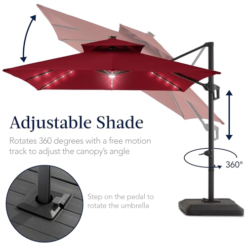 Best Choice Products 9x12ft LED Cantilever Patio Umbrella w/Base Included & 360° Rotation, Large Solar Offset Hanging Outdoor Sun Shade for Deck, Backyard Table w/Stand & Lights – Burgundy - color: Burgundy, size: 9x12ft