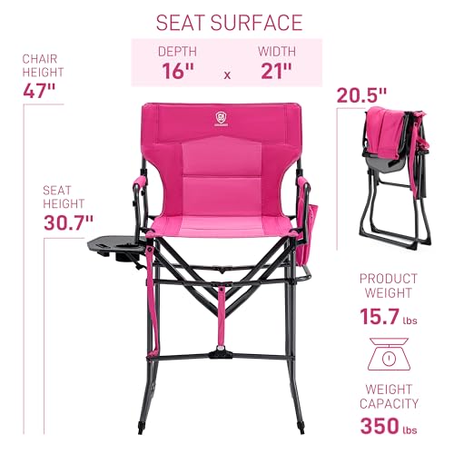 EVER ADVANCED Portable 30.7" Seat Height Tall Folding Camping Chair Directors Chair High Foldable Bar Stool with Side Table for Makeup Artist, Sports Event, Craft Show, Supports 350LBS - color: Pink