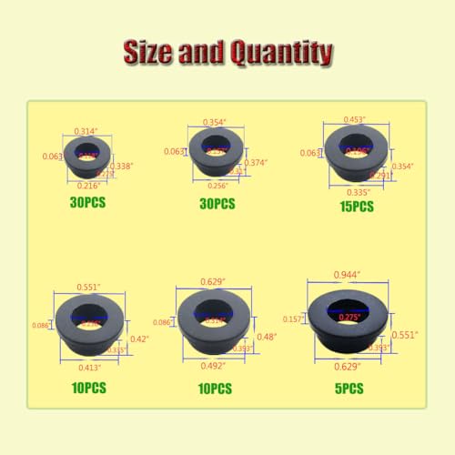 100PCS T-Type Rubber Grommet kit 6 Size Silicone Grommets for Wiring Automotive Rubber Firewall Hole Plug Cable Wire Protection,Drain Holes in Irrigation Systems etc(3/16" 1/4" 5/16" 3/8" 1/2" 5/8")