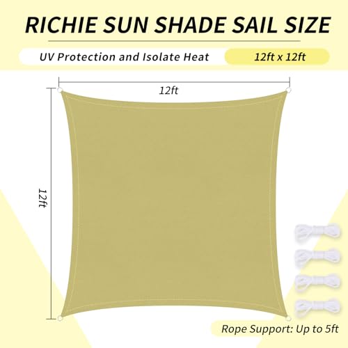 RICHIE Upgrade 12'x12' Sun Shade Sail Square Canopy, Water Resistant & UV Block Sunshade for Outdoor Patio Lawn Beach Garden Carport Backyard Deck Pergola, Sand - color: Sand, size: 12'x12', style: Rectangle