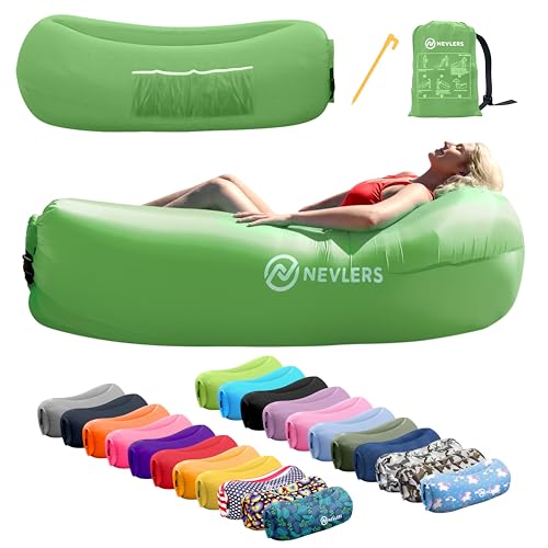 Nevlers Green Inflatable Lounger | 210T Polyester Inflatable Chair | No-Pump Blow Up Couch | Camping Couch Air Sofa w/ 450 lbs. Cap., Pockets & Matching Bag | Use as Inflatable Couch for Adults & Kids - color: Green, size: 1 Pack
