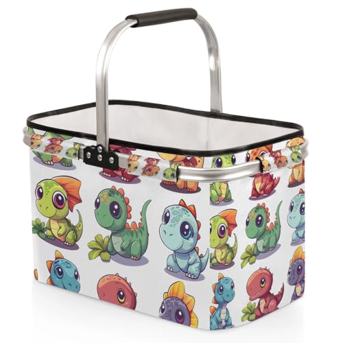 Large Picnic Basket, 40L Water Resistant & Leakproof Collapsible Portable Basket Set with Aluminium Handle for Travel - color: Dinosaurs