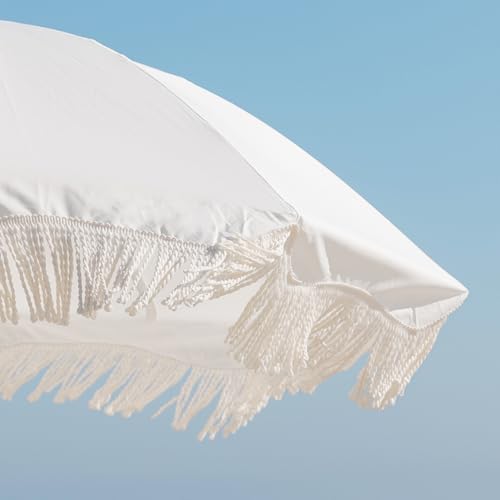 AMMSUN Boho Fringe Umbrella with Outdoor Blanket, 6.5ft UPF50+ Picnic Umbrella with Tassels with Steel Pole & Push Button Tilt, Antique White - color: Antique White with Blanket