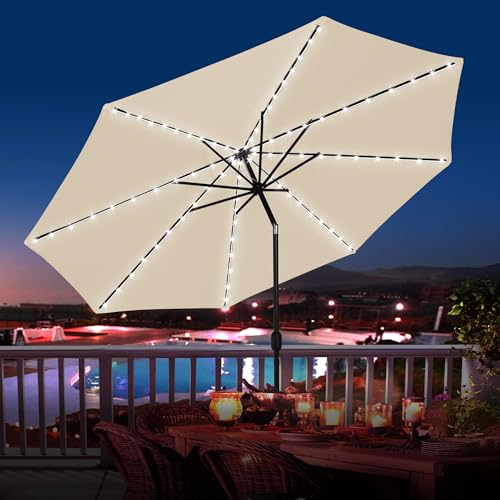 Sundale Outdoor Olefin 5-Year-Non-Fading Solar 88 LED 10FT Solar Patio Umbrella with Sand Bag Base, Outdoor Umbrella with Tilt and Crank, Beige - color: Beige, size: 10FT