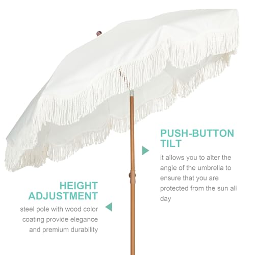 AMMSUN Boho Fringe Umbrella with Beach Blanket, 6.5ft UPF50+ Picnic Umbrella with Tassels with Steel Pole & Push Button Tilt, Antique White - color: Antique White with Colorful Blanket