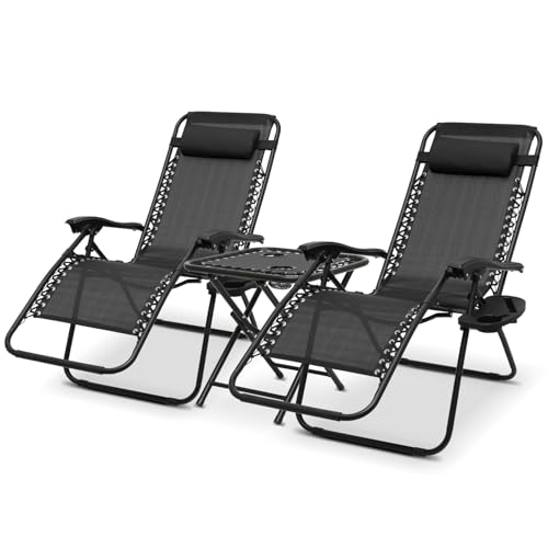 Athena Collection Zero Gravity Outdoor Lounge Chair Set of 2 with Side Table, 25" Width Pool Lounge Lawn Chairs Reclining with Cup Holder, Outdoor Chaise for Beach Patio Backyard Outside, Black - color: Black, style: 25" Width