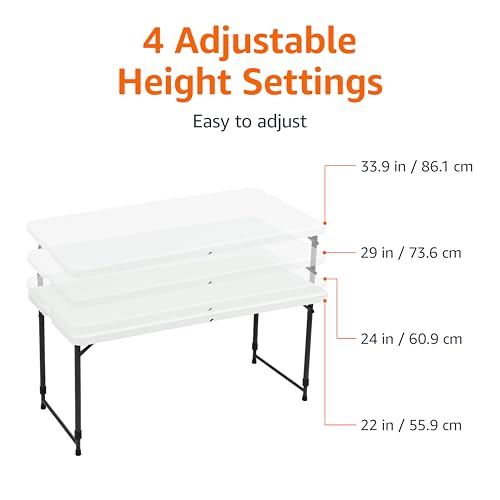 Amazon Basics Portable 4 Foot Rectangular Folding Dining Table, 4 Adjustable Height Settings, Carrying Handle, Indoor & Outdoor, Sturdy for Events, White, 47.8 x 23.9 x 33.9 in - color: White