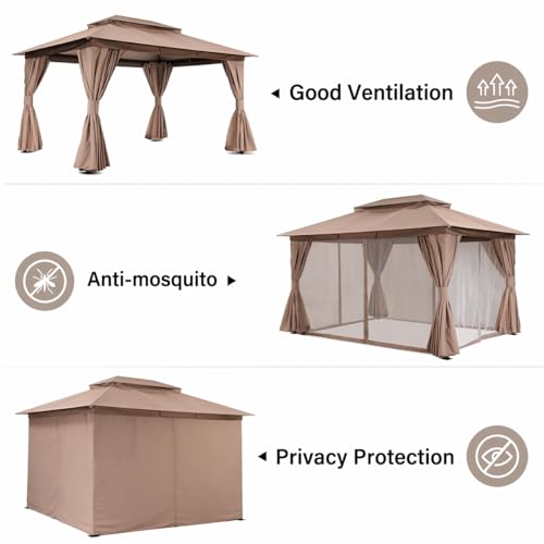 LAUSAINT HOME 10'x13' Outdoor Gazebo, Upgraded Metal Frame Heavy Duty Patio Canopy Tent Shelter with Double Roofs, Mosquito Nettings and Privacy Screens for Backyard, Garden, Lawn, Khaki - color: Khaki, size: 10'x13'