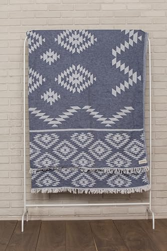 Bersuse 100% Cotton Teotihuacan XL Throw Blanket Turkish Towel Beach Blanket - Beach Camping Essentials - 75x90 Inches, Dark Blue - color: Dark Blue