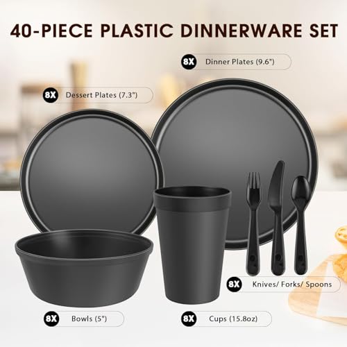 40 Piece Plastic Dinnerware Set for 8 with Cutlery, Unbreakable Plates and Bowls Set, Dishwasher & Microwave Safe Reusable Dish Set for Camping, RV, Outdoor Kitchen, Apartment Dining, Black - color: Black
