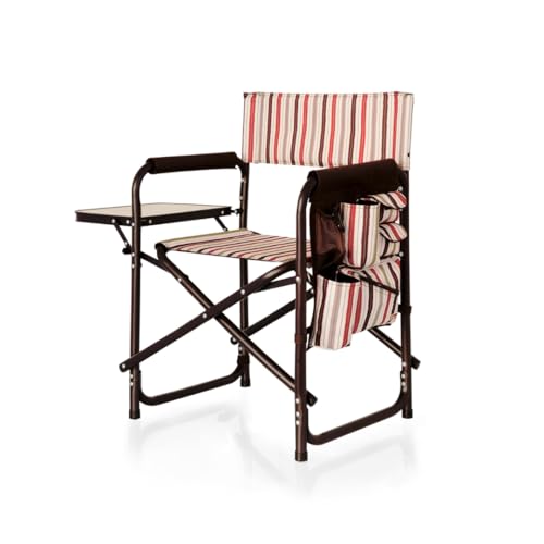 PICNIC TIME Sports Chair with Side Table and Armrest Caddy, Lightweight Aluminum Folding Outdoor Camping Chair for Adults, Portable Director Style Lawn Seating with Pockets & Strap, (Moka Collection) - color: Moka Collection - Brown With Beige & Red Accen