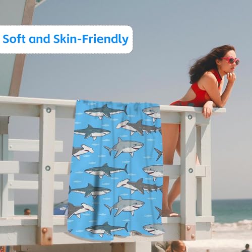Sharks Microfiber Beach Towels,Sharks and Small Fish in Ocean Oversized Absorbent Bath Towels,Soft Quick Dry Thin Camping Towel for Adults Women Men,29.5"×59" - color: Sharks and Small Fish in Ocean