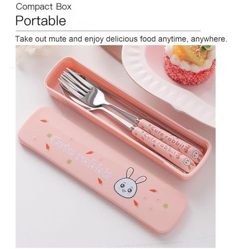 Cute Silverware Set, Animal Series Ceramic Handle Dinnerware Set Flatware Kitchen Accessories Camping Travel Sets Fork Spoon Chopstick Portable Cutlery Sets with Case, Bear Rabbit Duck Cat ( - color: Rabbit