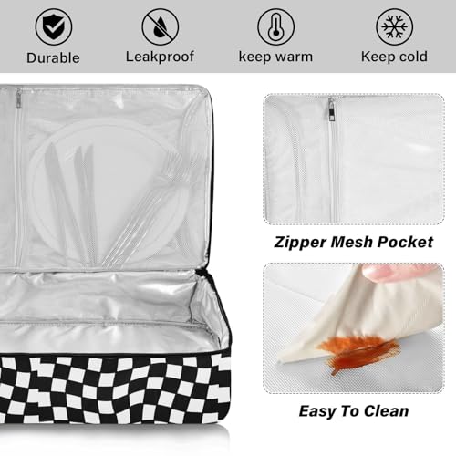 Black and White Checkered Casserole Dish Carrier, Insulated Food Tote Bag for Hot or Cold Dishes, Portable Storage Case for Potluck Picnic Camping Party