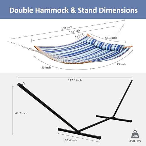 SUNCREAT Double Hammock with Stand Included, Portable Hammock with Stand and Large Pillow, Blue Stripes - color: A-blue Stripe