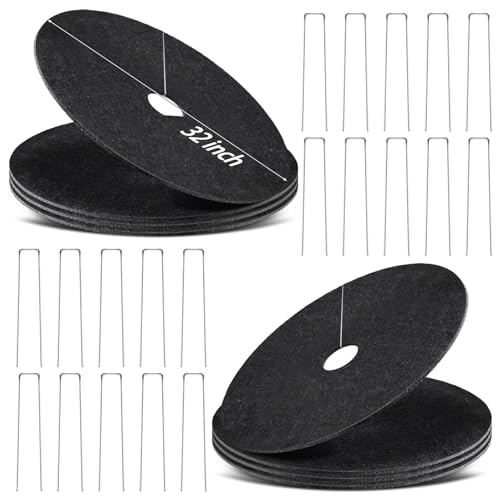 8 Pack Non-Woven Tree Mulch Ring 32 Inch Degradabl Tree Protection Mat Weed Barrier Round Mats with 20 Staples Stakes for Weed Growth RootProtection Resistant and Reusable - color: Black 32IN8PCS