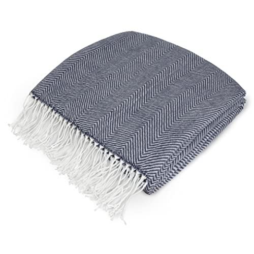PAVILIA Herringbone Blanket Throw with Fringe,Faux Cashmere Knitted Throw with Tassels for Couch Bed,Decorative Farmhouse Soft Lightweight Plush Fuzzy Cozy,50x60,Herringbone - Navy Blue - color: Herringbone - Navy Blue, size: 50 X 60 Inches - Throw