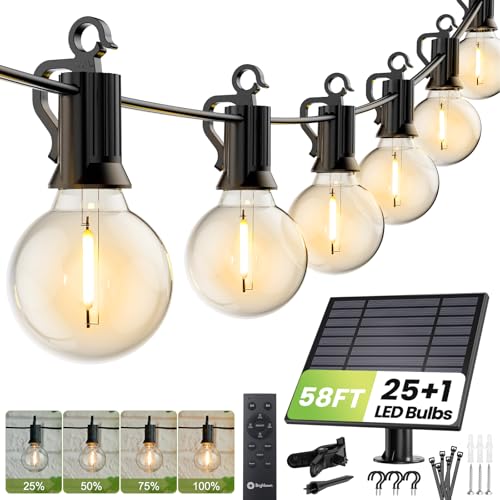 Brightown 58FT Solar String Lights Outdoor with Remote Cable Ties Hooks, 26 LED Shatterproof Bulbs, 3 Light Modes, Dimmer & Timer, Commercial Grade Patio Lights for Yard Balcony Pergola Party Decor - size: 58ft G40